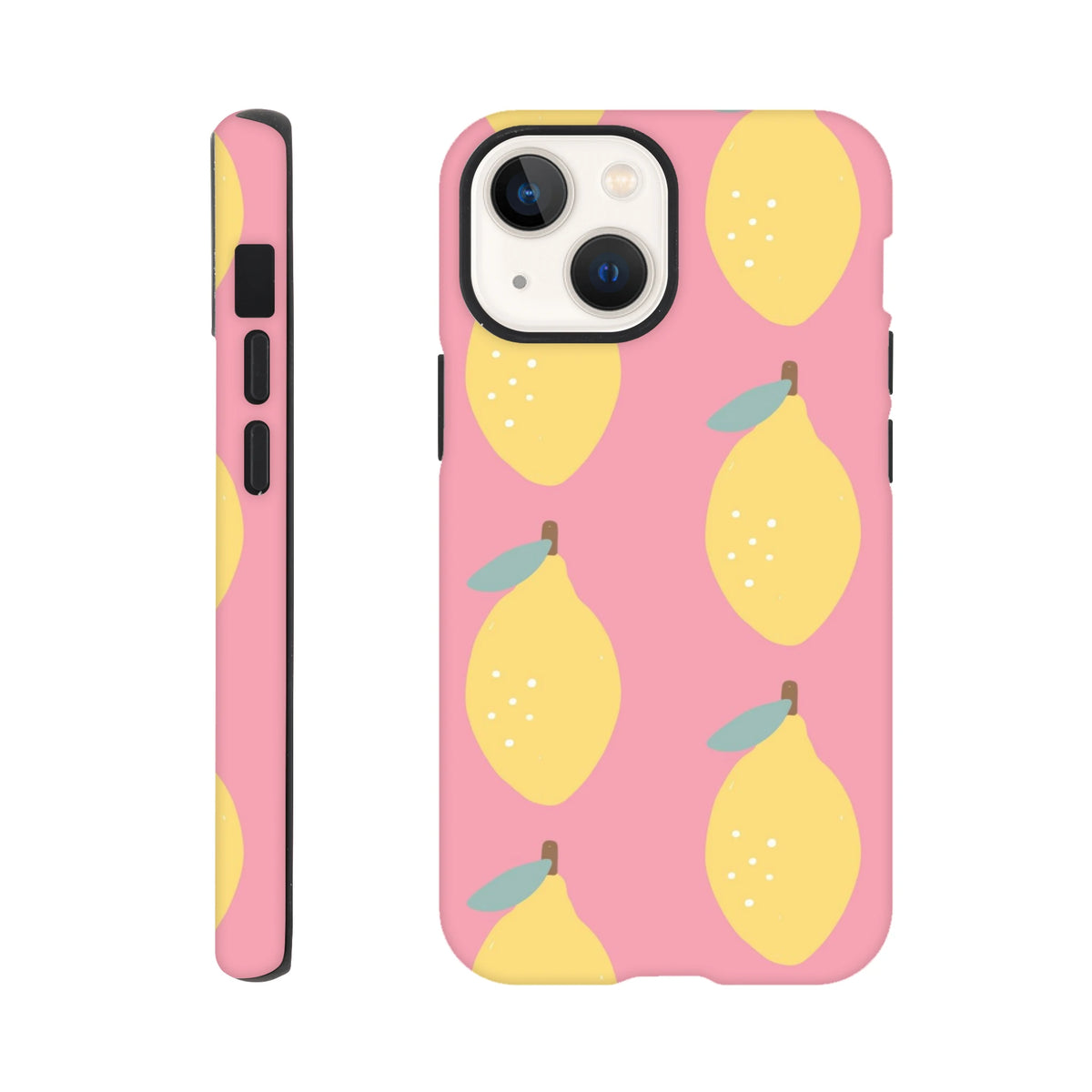 Pink iPhone case featuring a cute yellow lemon pattern with green leaves on a pastel pink background, designed for durability and style.
