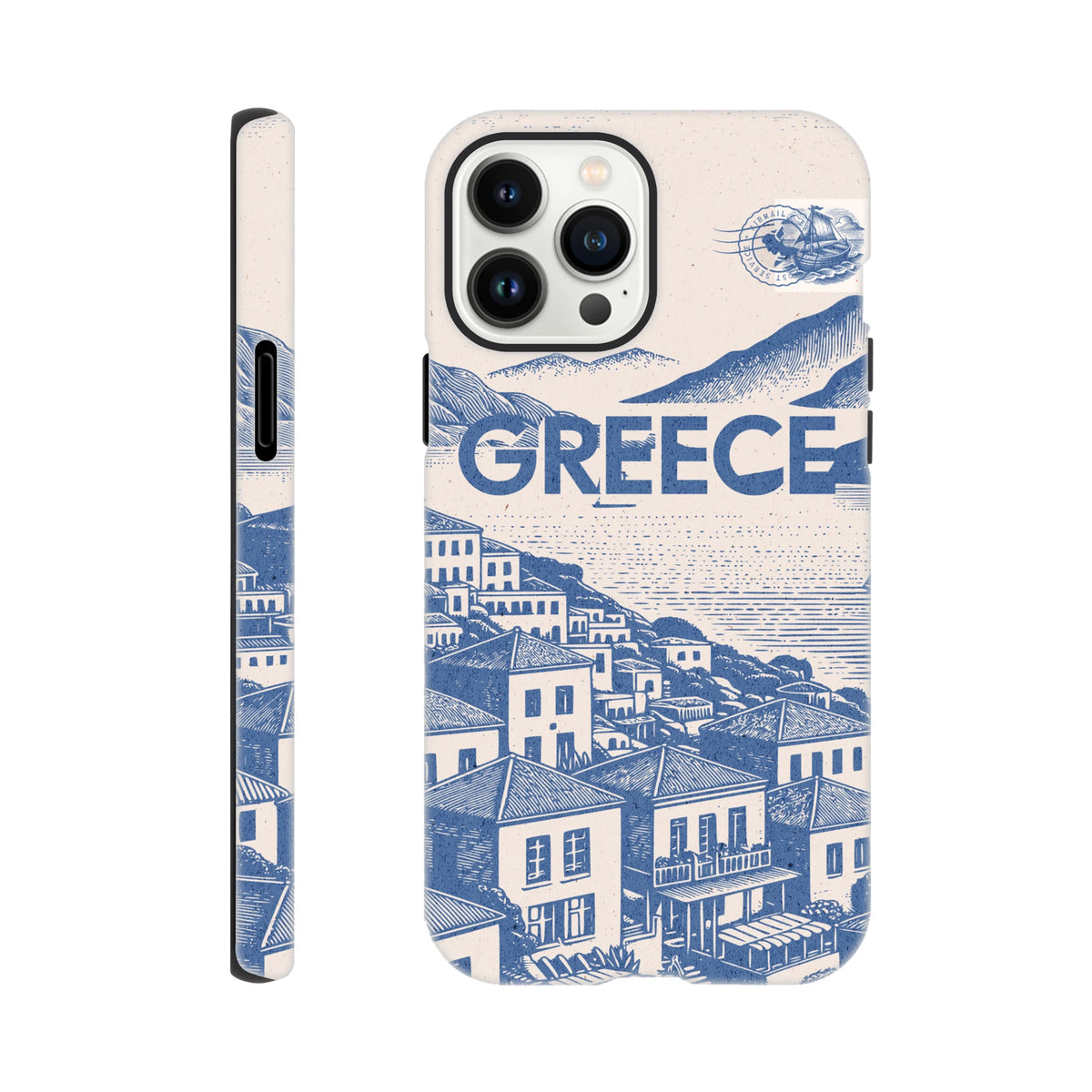 Vintage Greece tough iPhone case featuring a blue Mediterranean village illustration, airmail stamp graphic, and bold lettering on a textured cream background.
