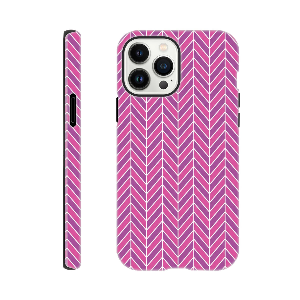 Pink herringbone geometric iPhone case with tough dual-layer protection and shock-absorbing TPU for daily impact resistance.