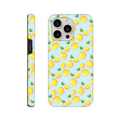 Cute lemon tough iPhone case featuring a fresh yellow fruit pattern with green leaves on a light blue background for models 13-16.