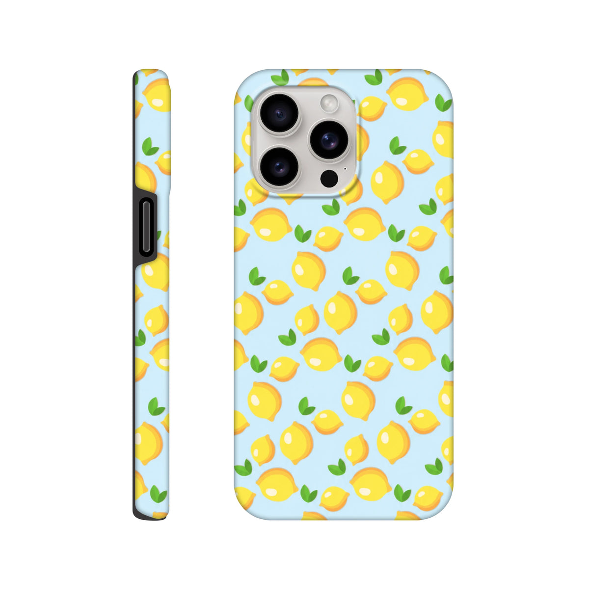 Cute lemon tough iPhone case featuring a fresh yellow fruit pattern with green leaves on a light blue background for models 13-16.