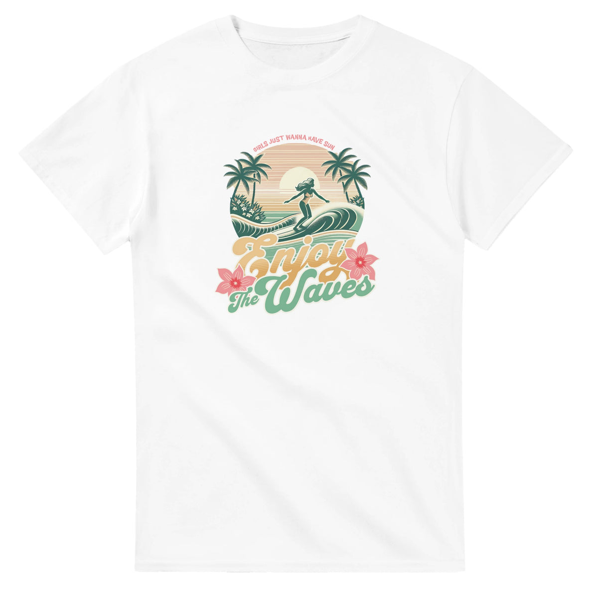Tropical Surf Women's Graphic T‑Shirt on white with retro sunset, palm trees, surfer on a wave, hibiscus.
