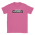 Pink women's T-shirt with a stacked BELIEVE IN YOURSELF slogan in white and black blocks.