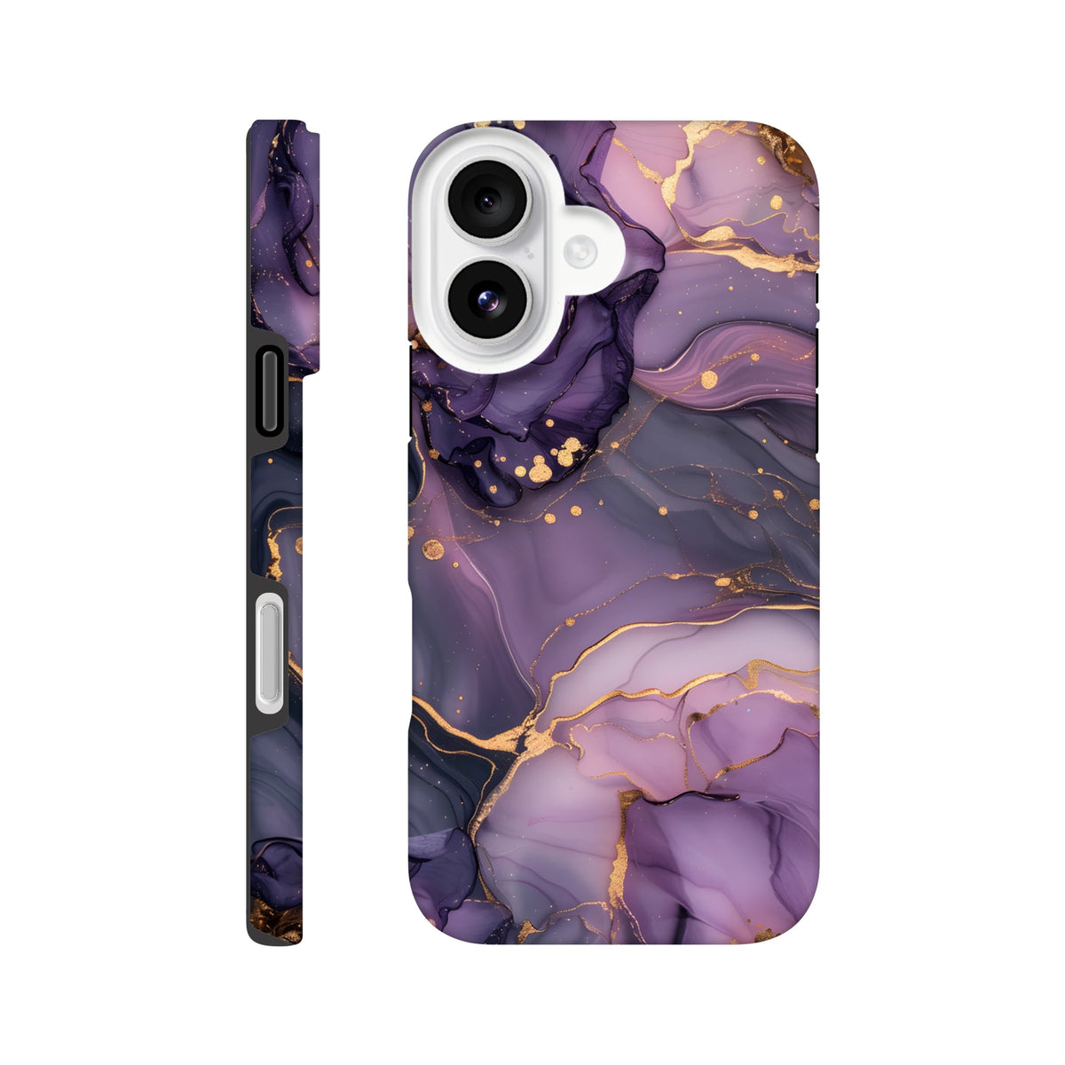 Luxury purple and gold marble iPhone case featuring abstract fluid art with gold veins and dots for durable protection.