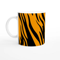 Orange and black tiger-print mug with bold animal design for coffee or tea.