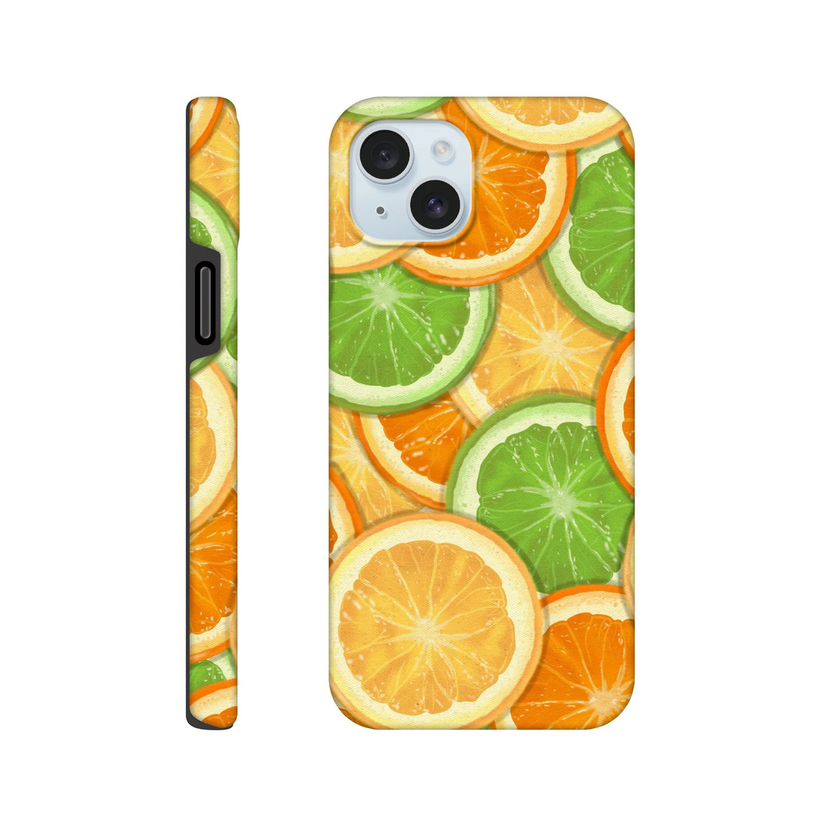 Orange & lime tough iPhone case featuring a vibrant citrus fruit slice wraparound print for models 13 to 16.
