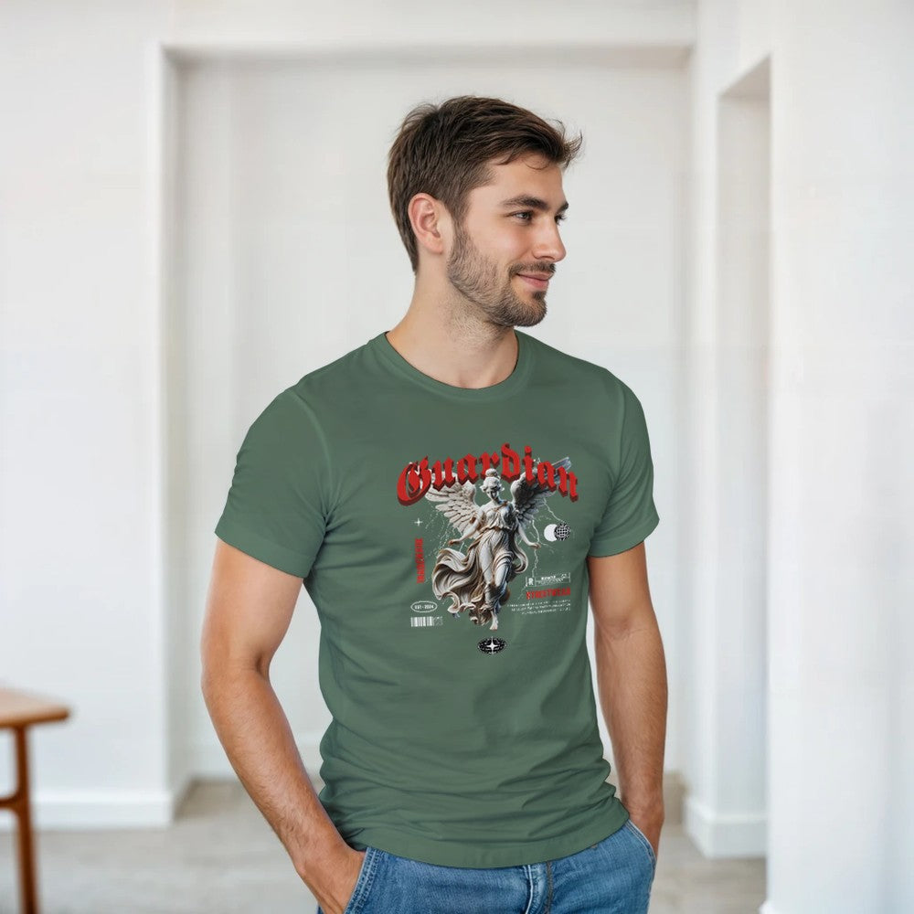 Man wearing a Gothic Angel graphic T-shirt in green-gray, featuring a winged guardian angel and red Gothic lettering.