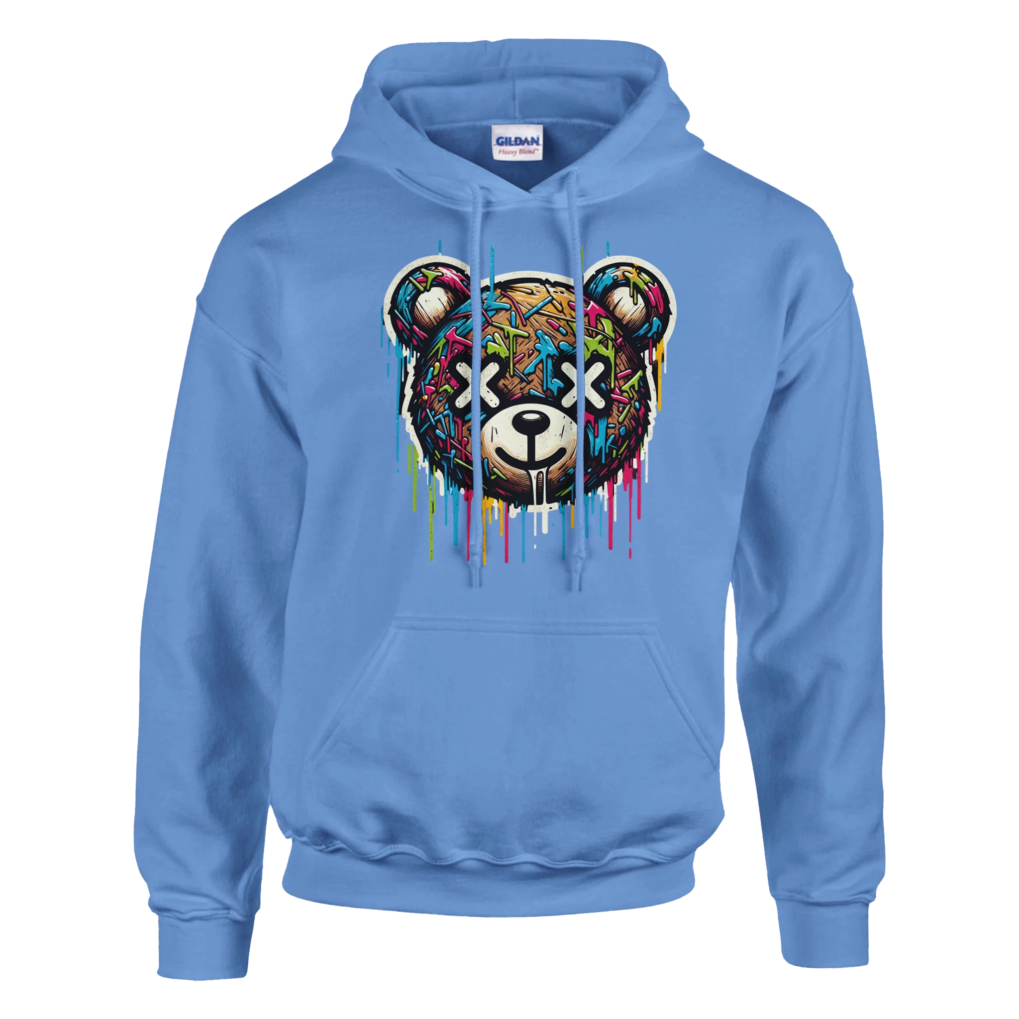 Blue men's teddy bear hoodie with vibrant dripping graffiti bear graphic; 50/50 cotton-poly blend, sizes S–XL.