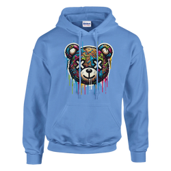 Blue men's teddy bear hoodie with vibrant dripping graffiti bear graphic; 50/50 cotton-poly blend, sizes S–XL.