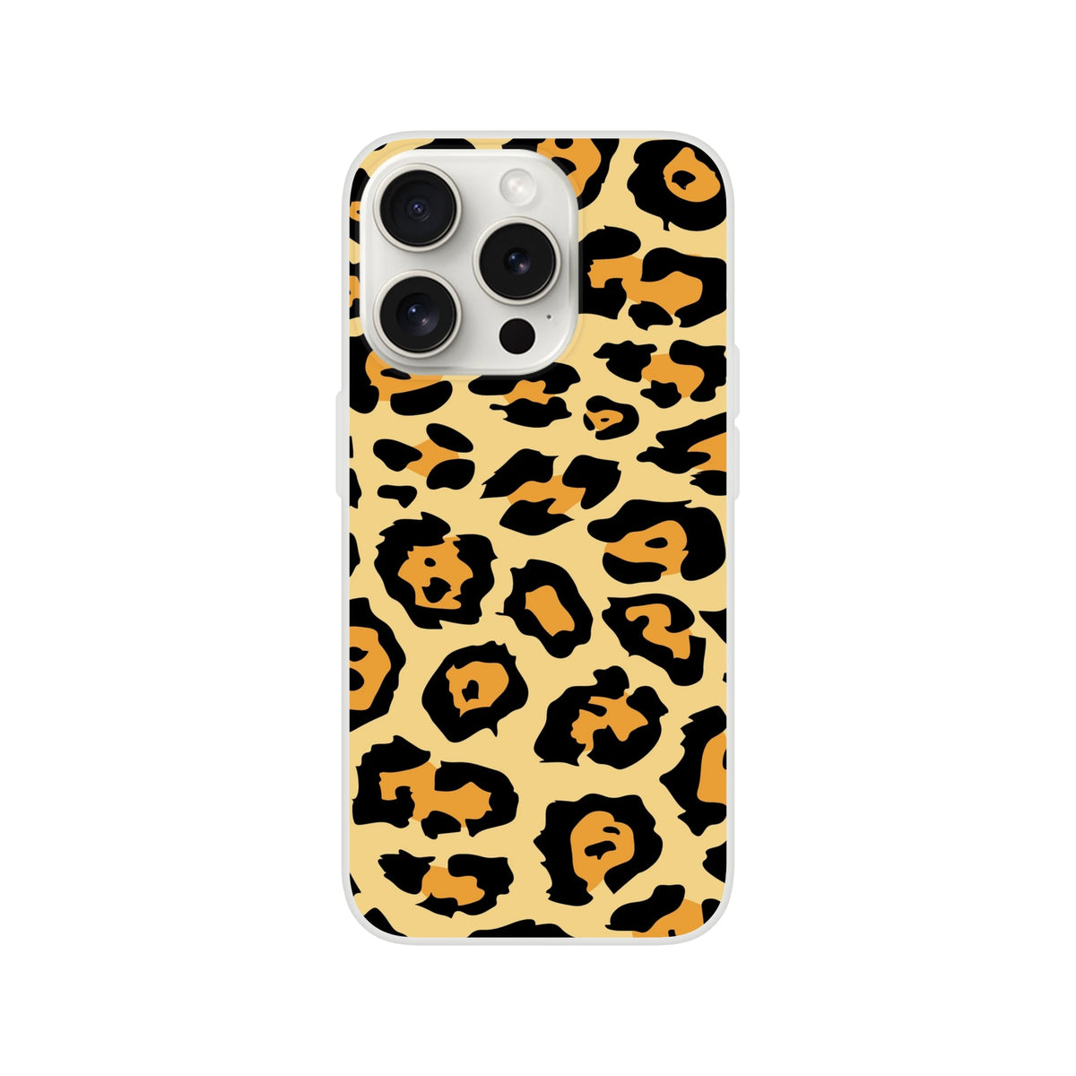 Leopard print iPhone case for 13-16 with retro tan background and black and orange spots.