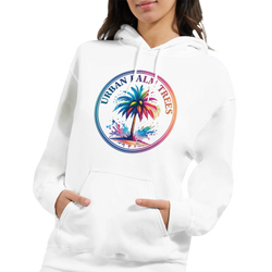 Urban Palm Trees Hoodie: white hoodie with colorful circular palm tree logo, retro cozy top for women.