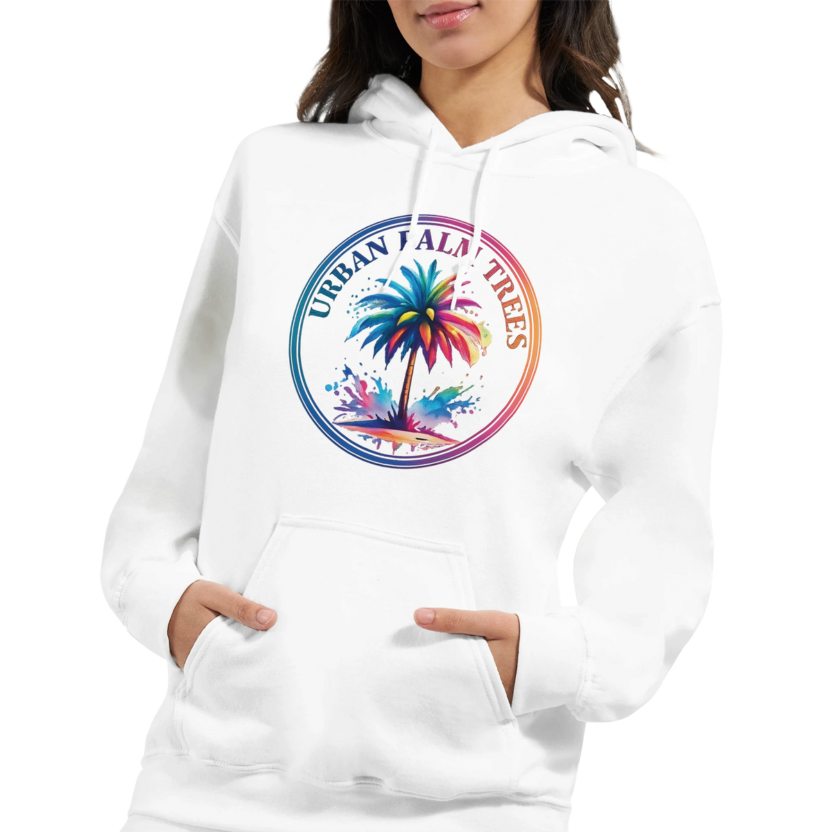 Urban Palm Trees Hoodie: white hoodie with colorful circular palm tree logo, retro cozy top for women.