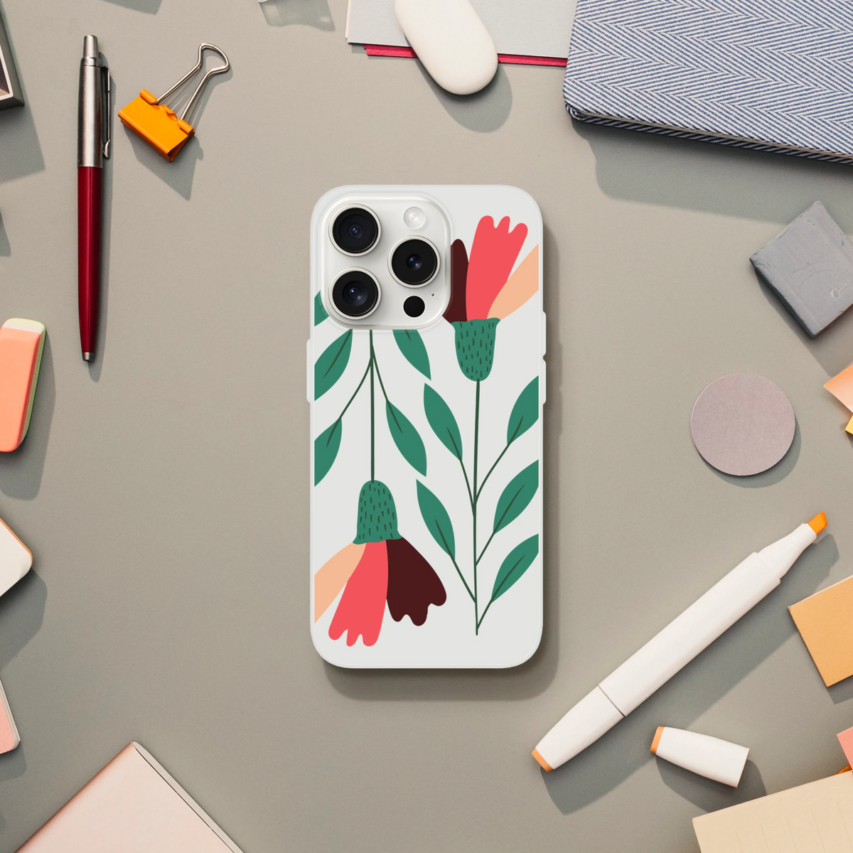 Floral clear iPhone case with green leaves and pink blossoms, slim protective cover for iPhone 13-16