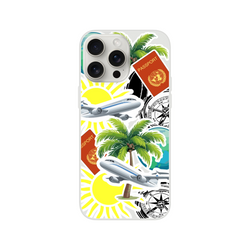 Transparent iPhone case featuring a travel sticker collage with palm trees, airplanes, passports, and compasses for urban exploration.