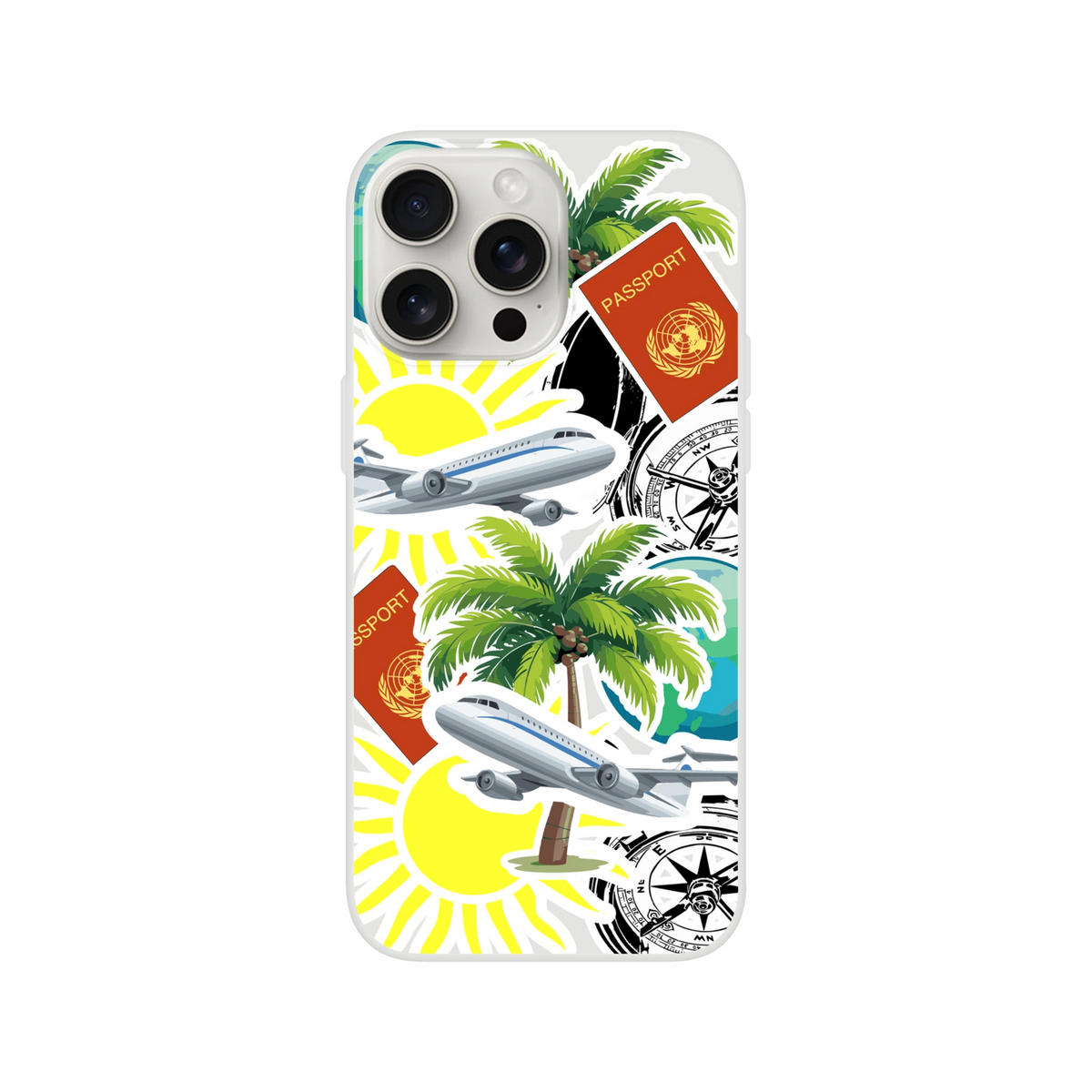 Transparent iPhone case featuring a travel sticker collage with palm trees, airplanes, passports, and compasses for urban exploration.