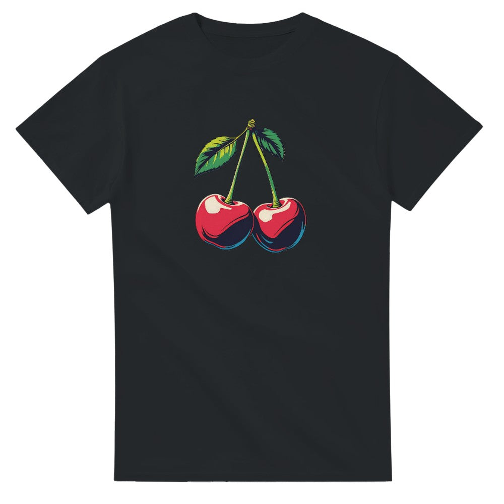 Cherries graphic T-shirt for women in black with bright red cherries and green leaves on soft cotton blend; sizes S-XL.