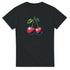 Cherries graphic T-shirt for women in black with bright red cherries and green leaves on soft cotton blend; sizes S-XL.