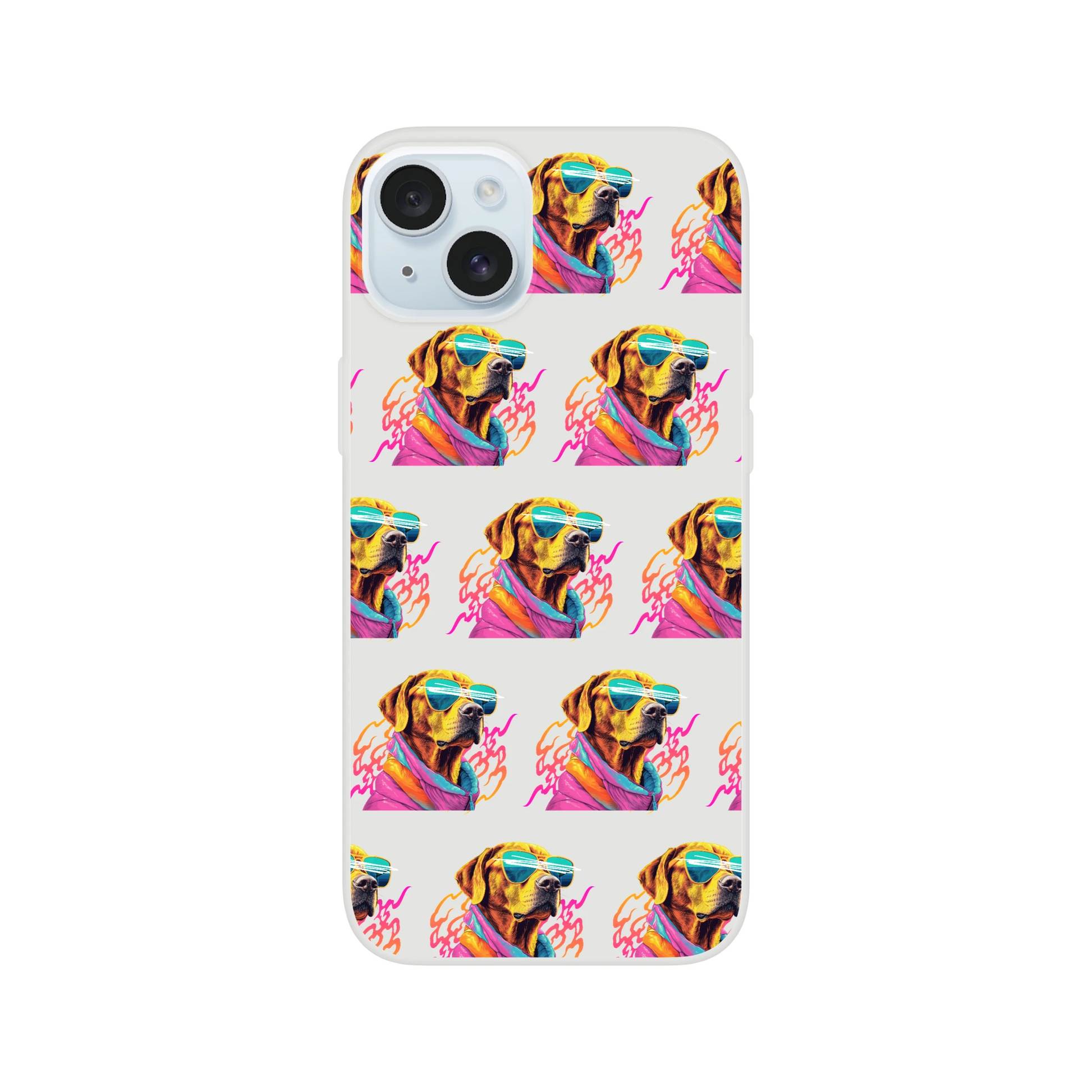 Clear iPhone case for iPhone 13–16 with a repeating colorful dog wearing sunglasses pattern.