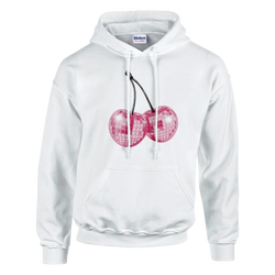 White cotton-blend hoodie with glitter ball cherries graphic and front pouch pocket