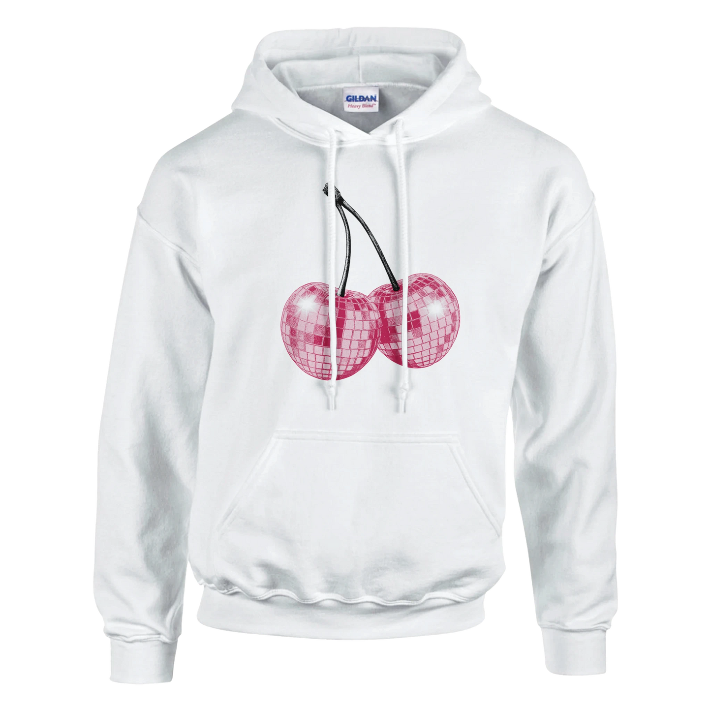 White cotton-blend hoodie with glitter ball cherries graphic and front pouch pocket