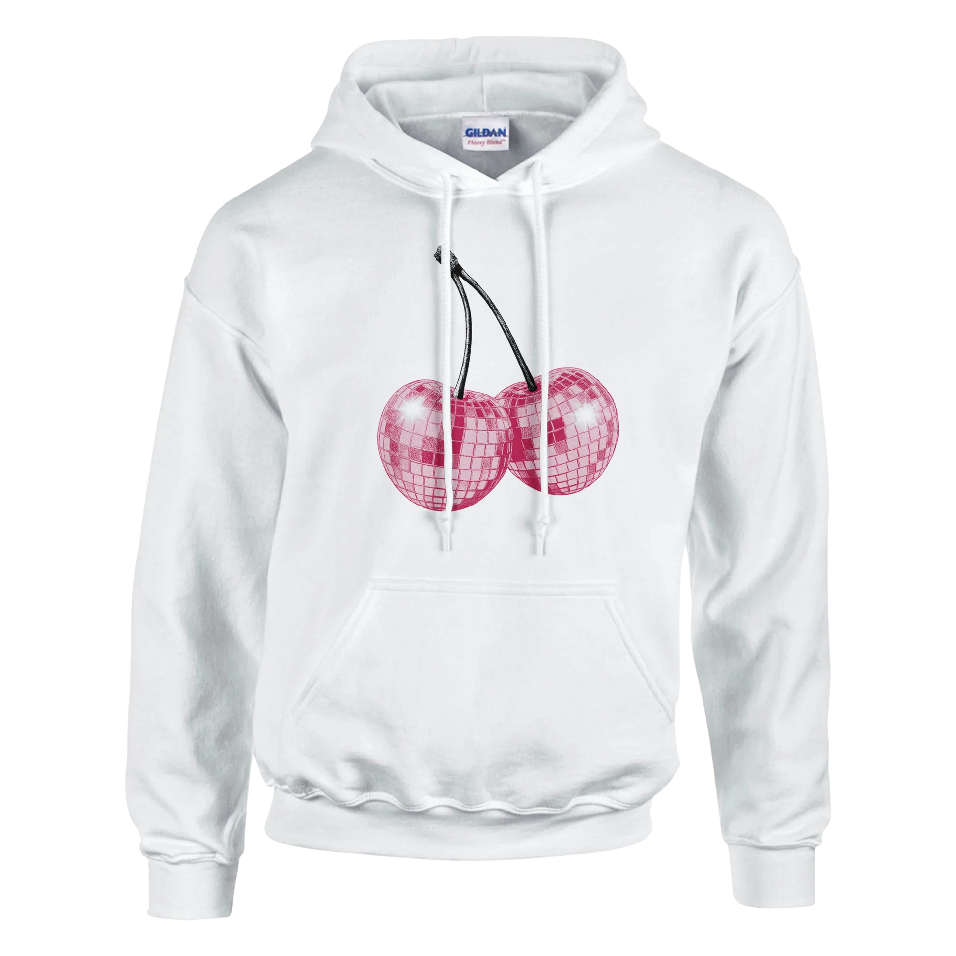 White cotton-blend hoodie with glitter ball cherries graphic and front pouch pocket
