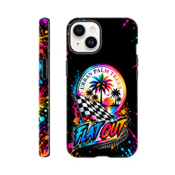 Flat Out petrolhead iPhone case with urban palm trees, checkered flag, and neon splatter wraparound design for modified car culture.