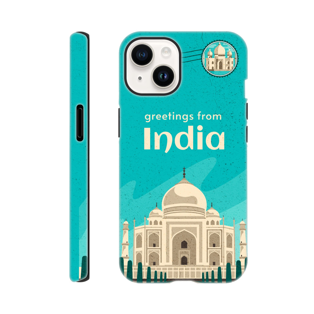 Turquoise India Taj Mahal postcard artwork on a rugged iPhone case for iPhone 13–16.