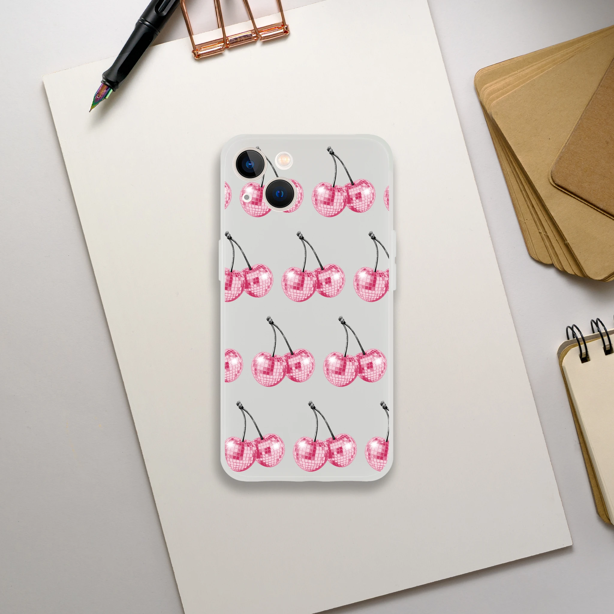 Transparent iPhone case with pink glitter ball cherries pattern for iPhone 13-16; slim, flexible protective cover.