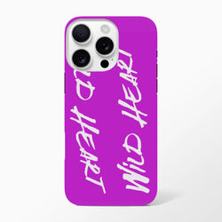 Vibrant purple iPhone case featuring vertical white "Wild Heart" slogan text. Tough streetwear phone cover with shock-absorbing protection for daily urban use.