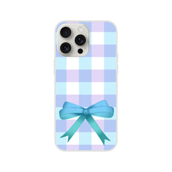 Blue gingham bow iPhone case with pastel checker pattern and a blue ribbon bow.