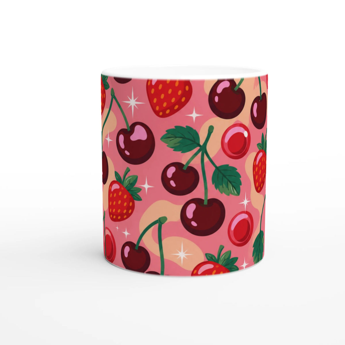 Retro ceramic mug featuring a cute cherry and strawberry pattern with sparkles on a pink background.