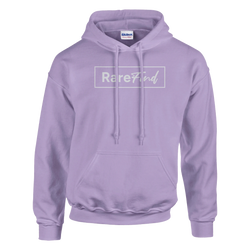 Lavender hoodie with white rectangular RareFind graphic on chest and front pouch pocket.