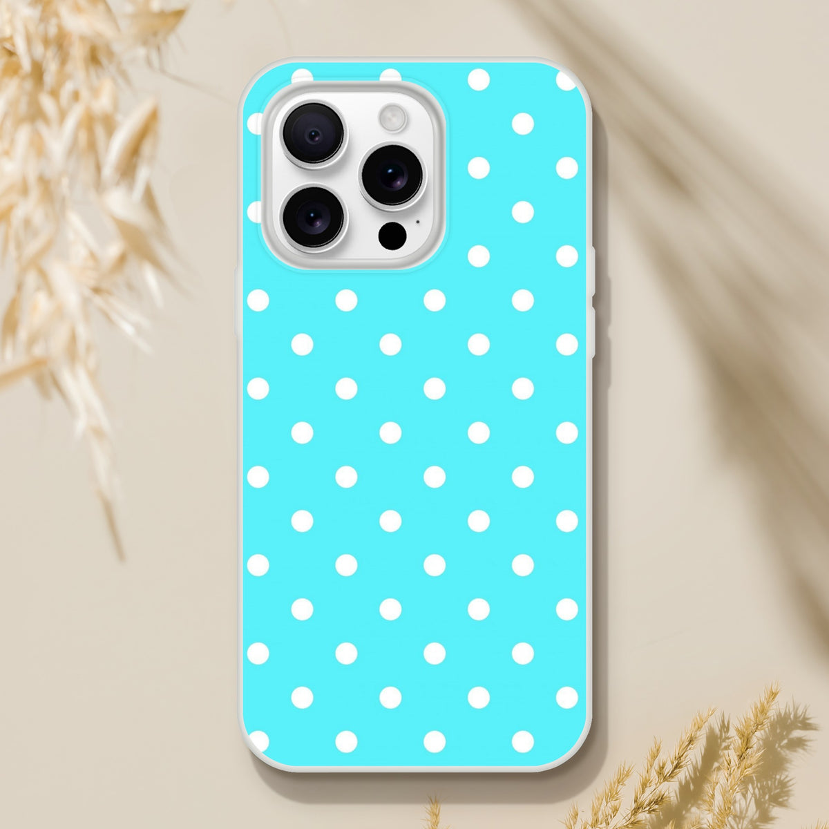 Retro aqua blue and white polka dot iPhone case with slim matte finish and shock-absorbing TPU protection for daily commuting.