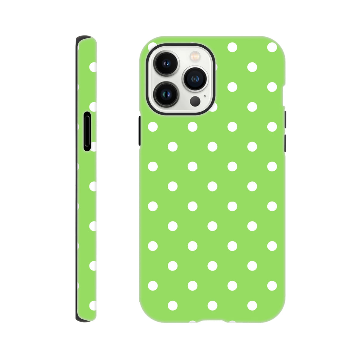 Green & white polka dot tough iPhone case with shock-absorbing TPU core and glossy edge protection for daily drops.