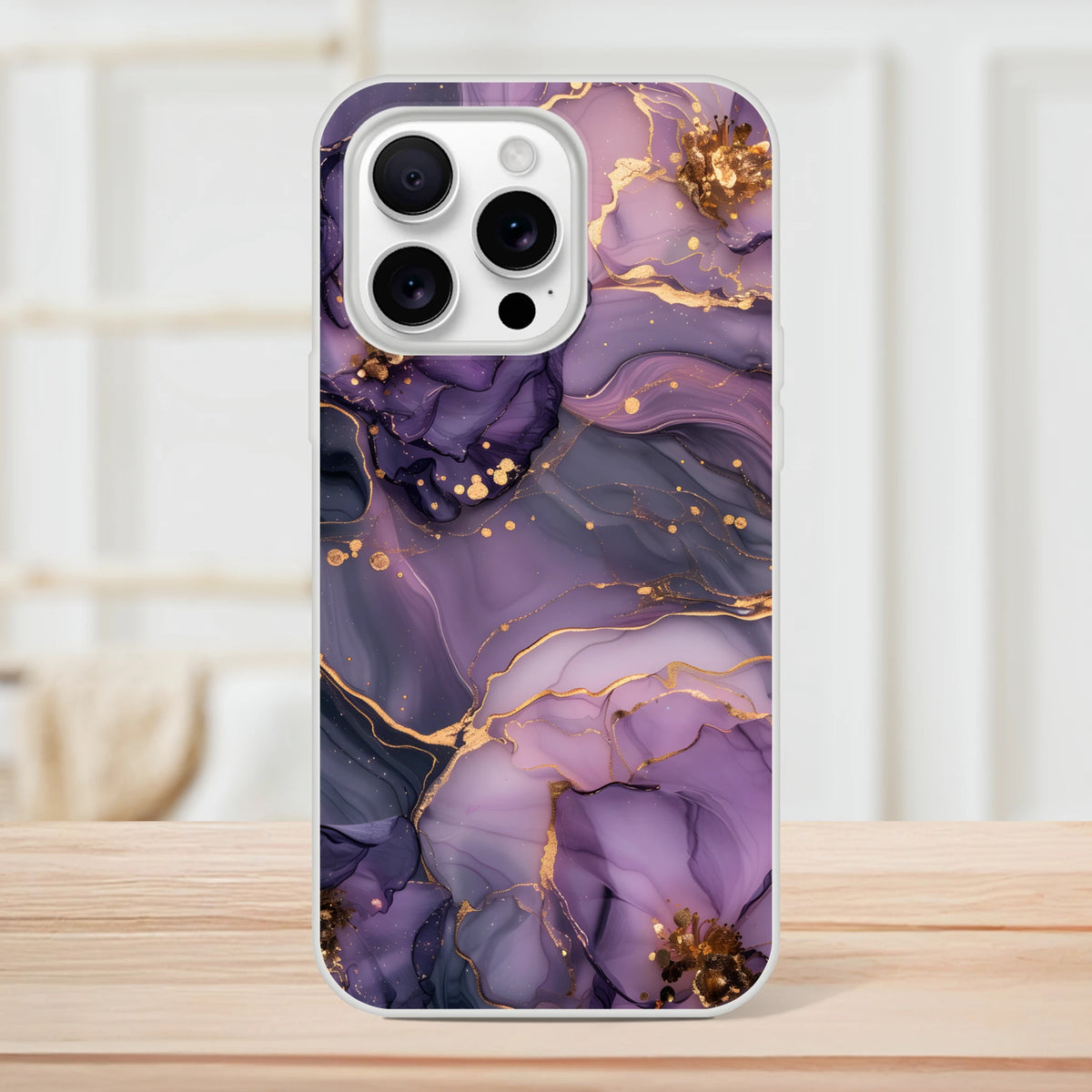 Purple and gold Marple iPhone case for iPhone 13–16 with luxury abstract agate marble design