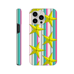 Retro yellow star iPhone case with vertical teal, pink, and grey stripes. Tough TPU shock-absorbing cover for daily protection.
