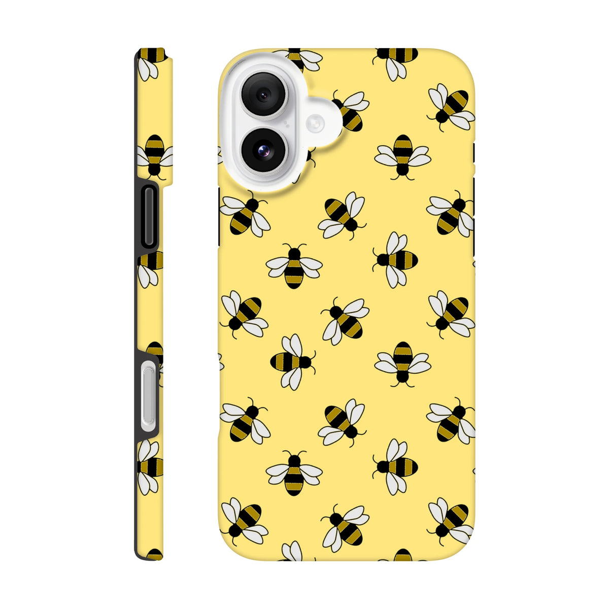 Yellow iPhone case featuring a cute repeating bumble bee pattern on a bright background, designed for protection and street-ready style.
