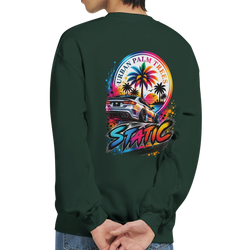 Green sweatshirt featuring a static slammed car graphic with palm trees and retro sunset. Petrolhead streetwear jumper.