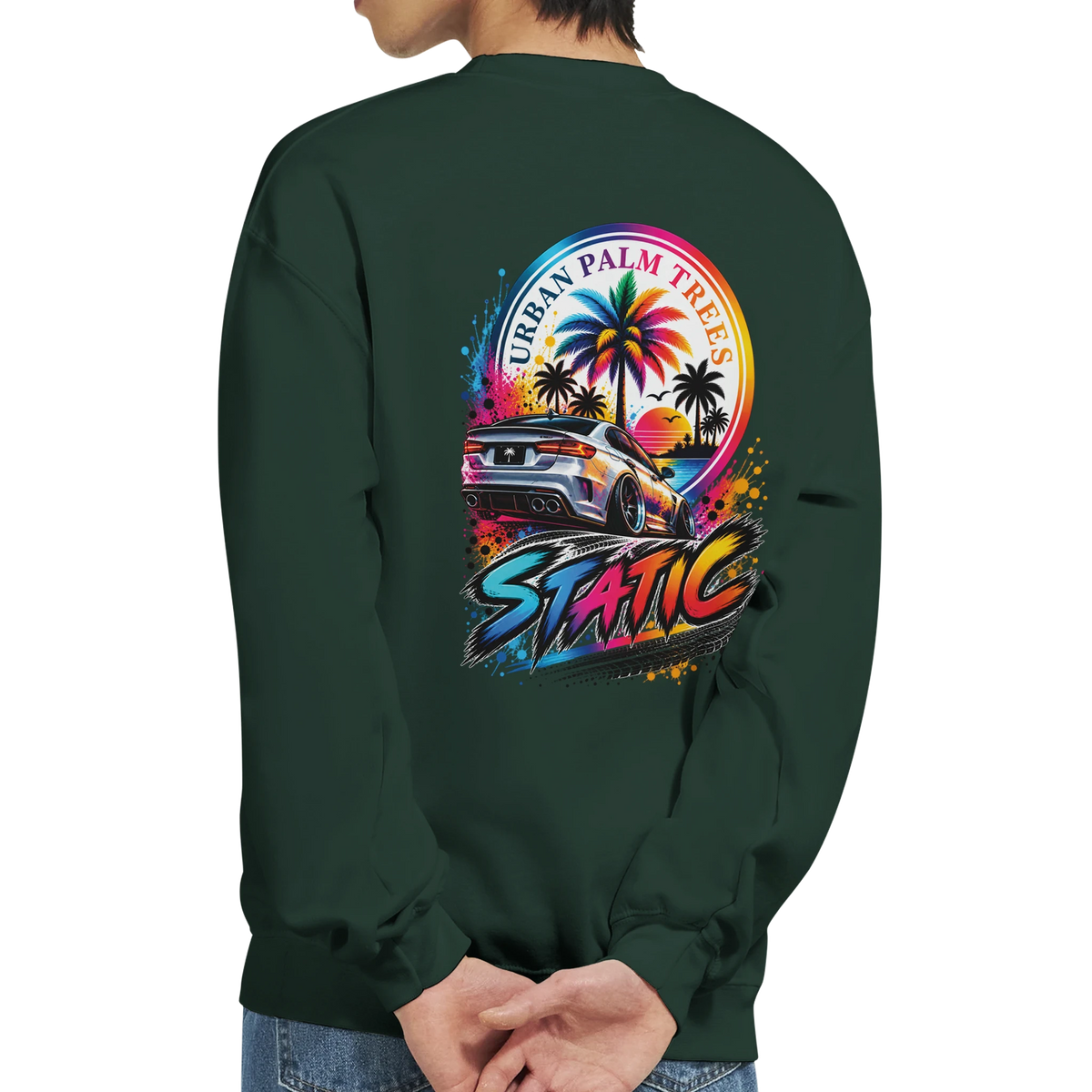 Green sweatshirt featuring a static slammed car graphic with palm trees and retro sunset. Petrolhead streetwear jumper.