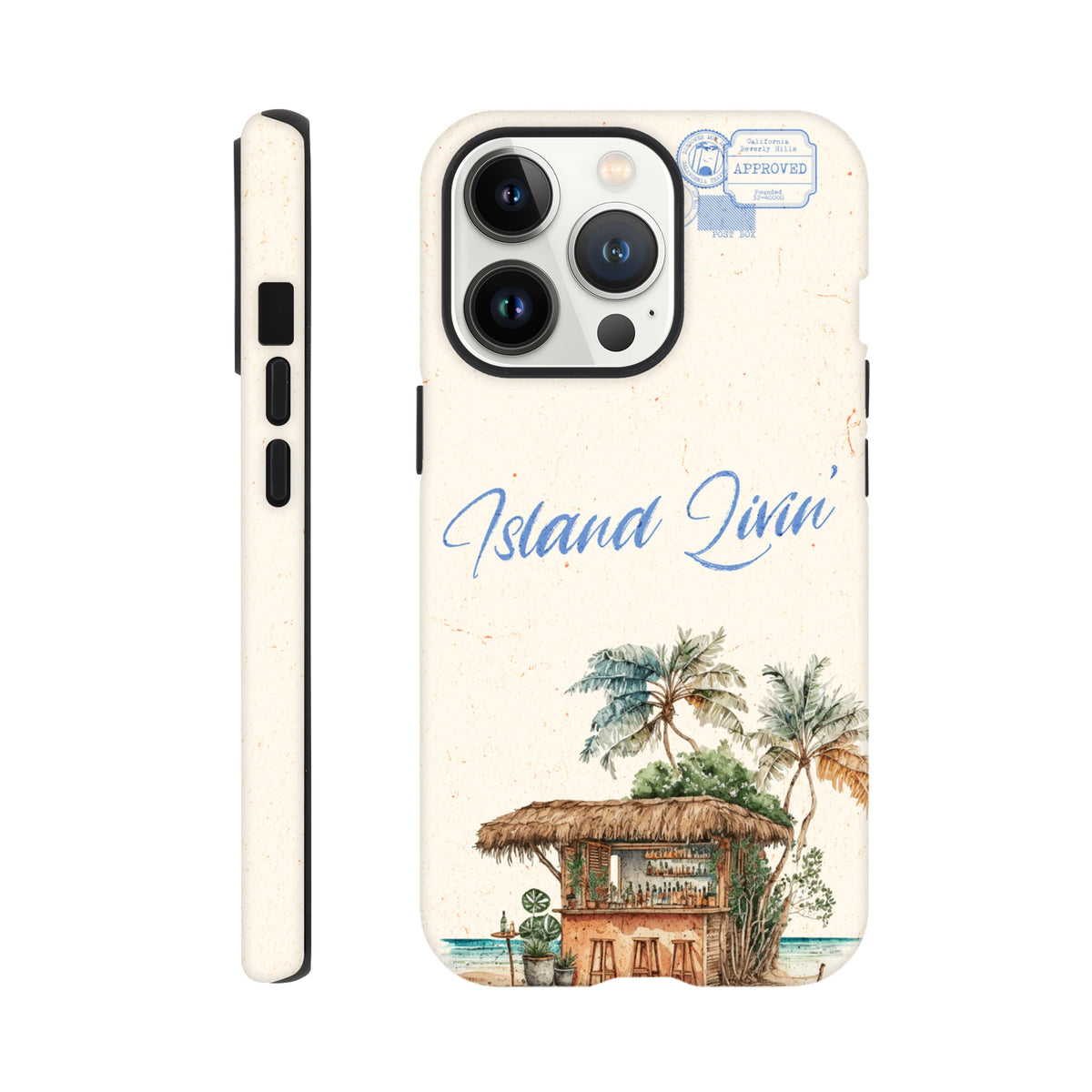Island Beach Bar Tough iPhone Case for iPhone 13-16 with tropical island scene and palm trees.