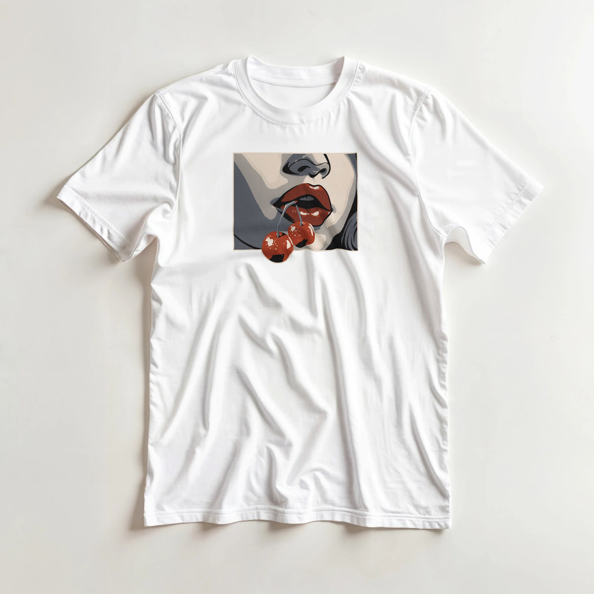 White cotton-blend tee featuring bold pop-art lips with cherries graphic on front.