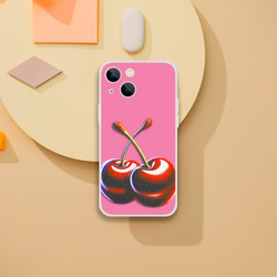 Retro Cherries iPhone case (13-16) in pink with cherry graphic; slim, matte TPU cover for Y2K aesthetic.