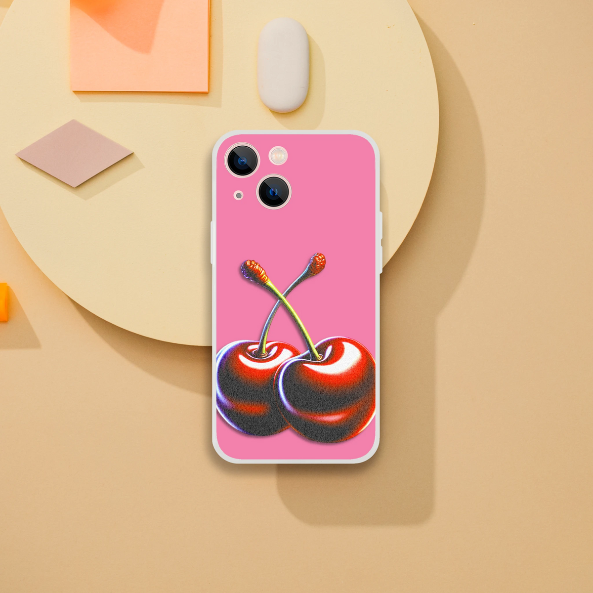Retro Cherries iPhone case (13-16) in pink with cherry graphic; slim, matte TPU cover for Y2K aesthetic.