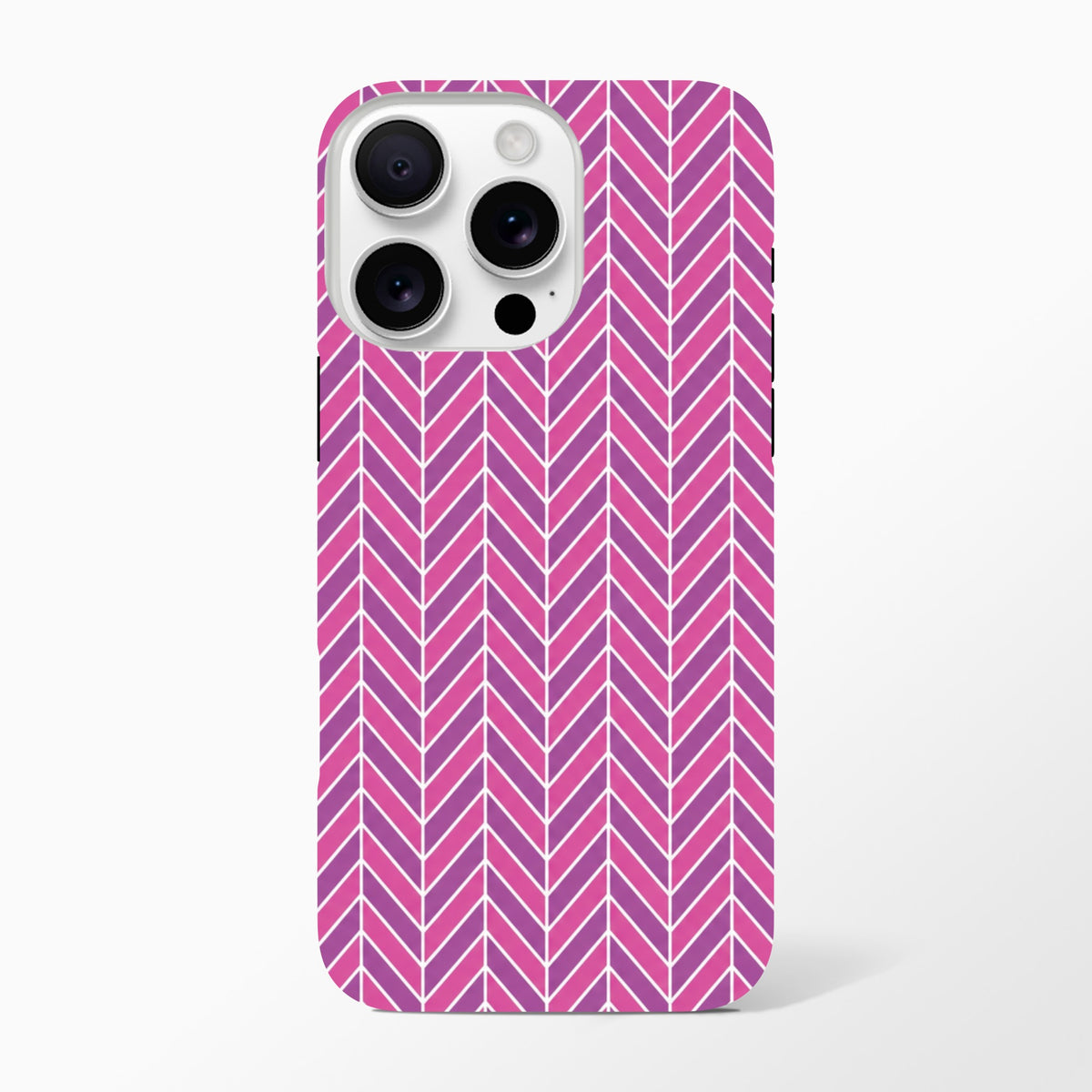 Pink geometric herringbone iPhone case with shock-absorbing TPU and reinforced dual-layer frame for daily impact resistance.