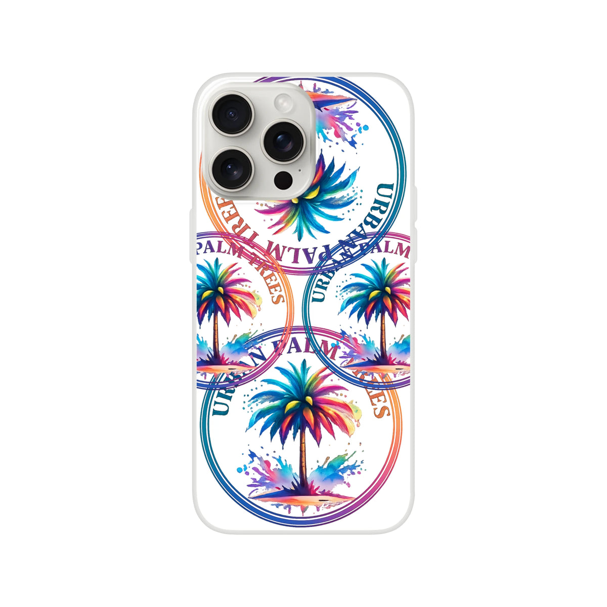 Urban Palm Trees iPhone Case (13-16) Retro Aesthetic with palm tree artwork, matte finish, colorful circular stamps