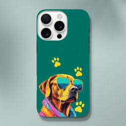 Teal iPhone case featuring a cool dog wearing sunglasses and a colorful jacket surrounded by yellow paw prints.