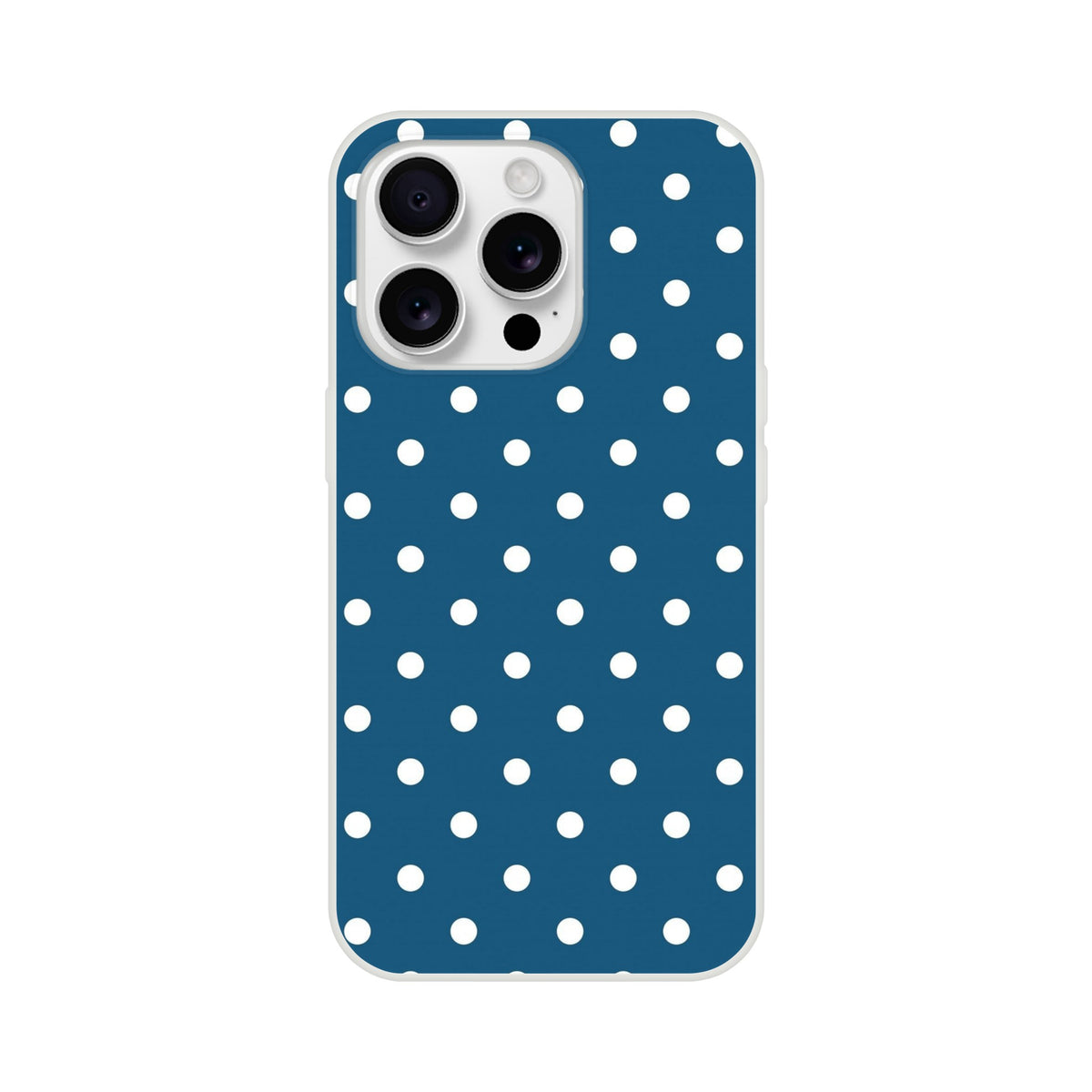 Retro navy blue iPhone case with white polka dots. Shock-absorbing TPU cover for iPhone 13-16 models. Matte finish protective phone casing.