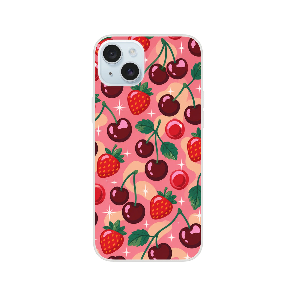 Cute retro phone case featuring a cherry and strawberry pattern on a pink background with sparkles, designed for iPhone 13-16 models.