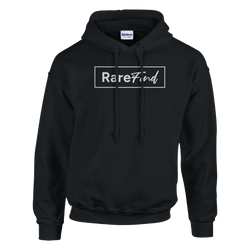 Black hoodie with front pouch pocket and a white framed "RareFind" graphic on the chest.