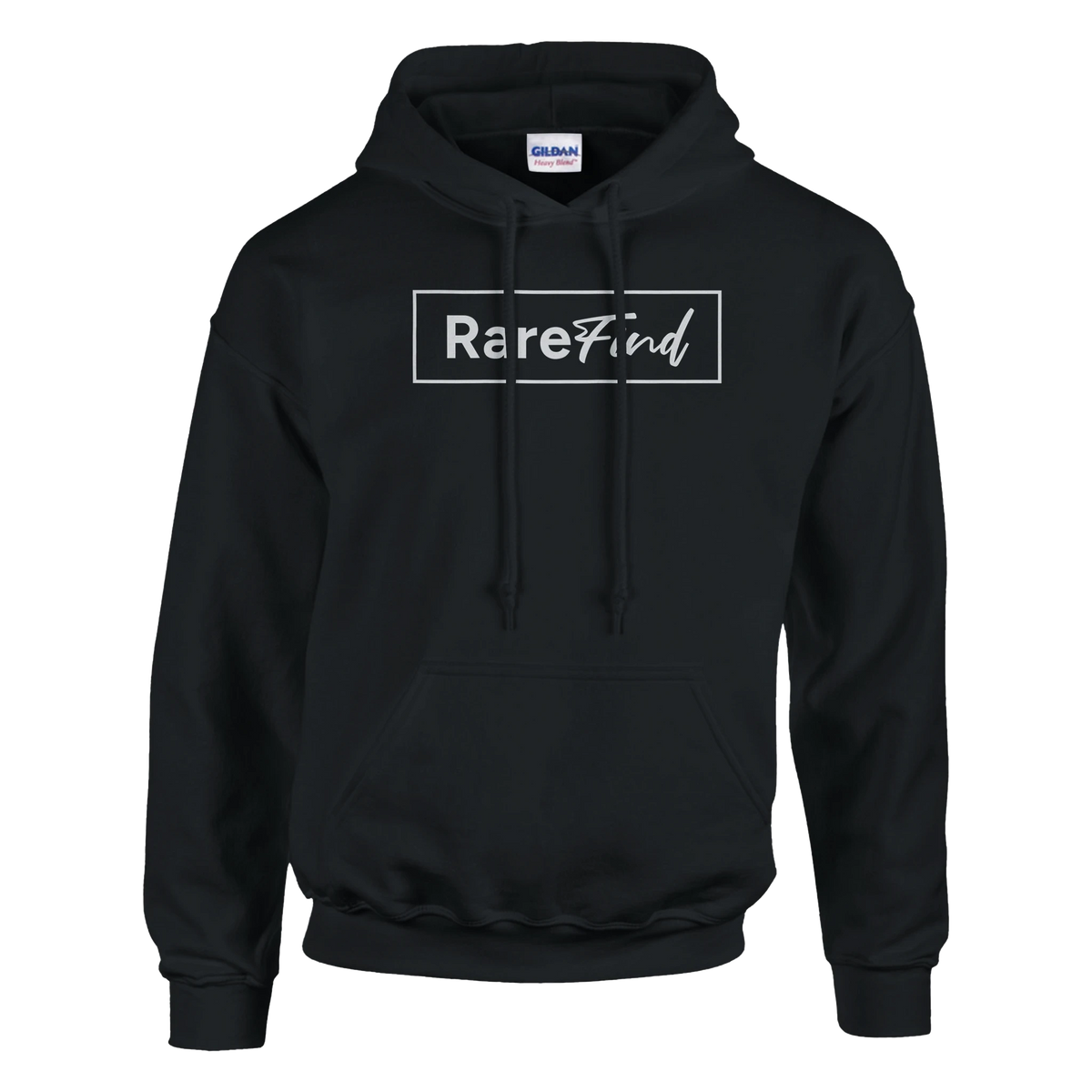 Black hoodie with front pouch pocket and a white framed "RareFind" graphic on the chest.